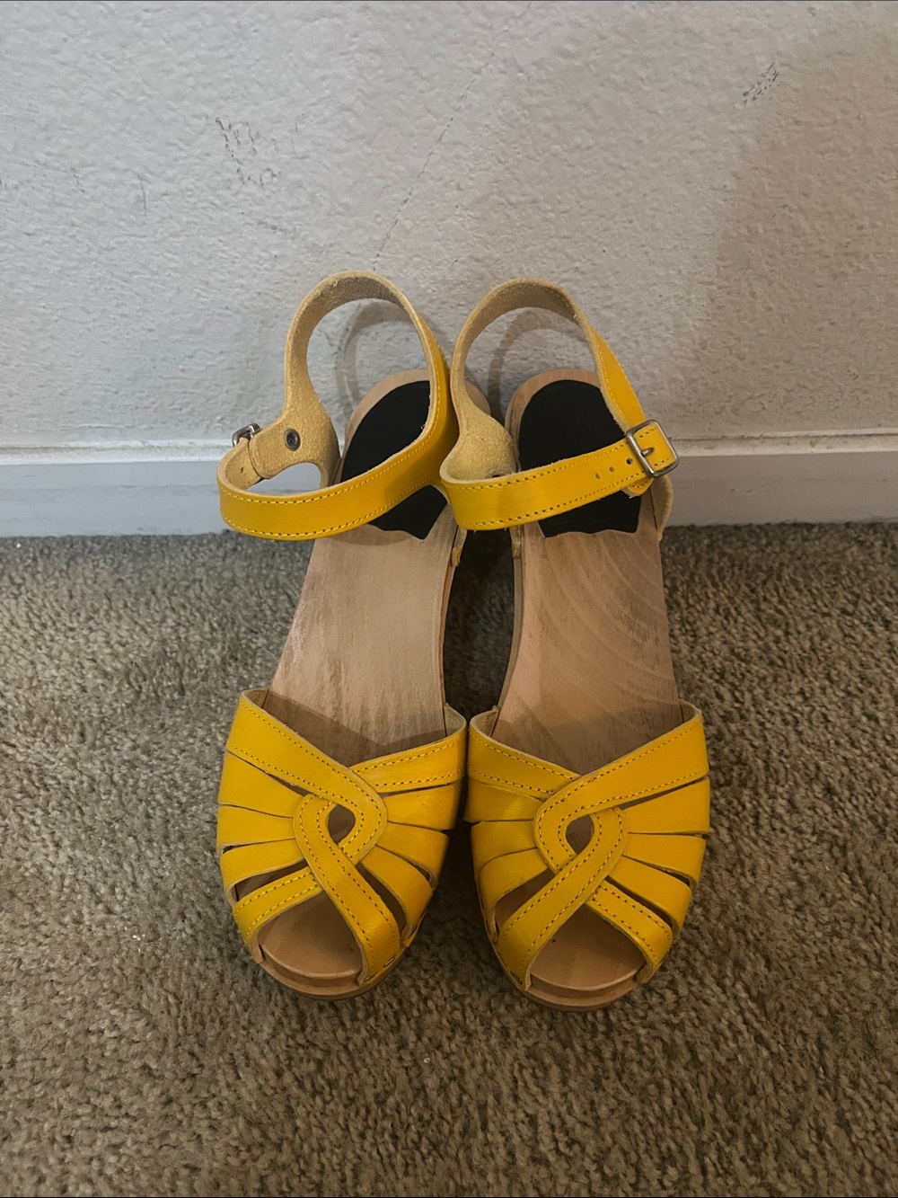 Swedish Hasbeens Yellow Peep-Toe Ankle-Strap Sandals